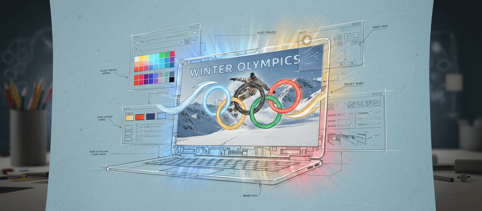 A laptop displays a Winter Olympics graphic with Olympic rings and a snowboarder, surrounded by digital design tools.
