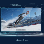 A laptop displays a ski jumper mid-air with digital editing tools and graphics overlaying the screen.
