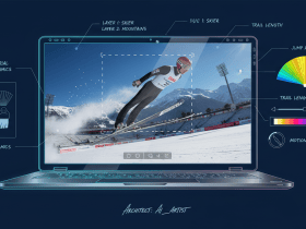 A laptop displays a ski jumper mid-air with digital editing tools and graphics overlaying the screen.
