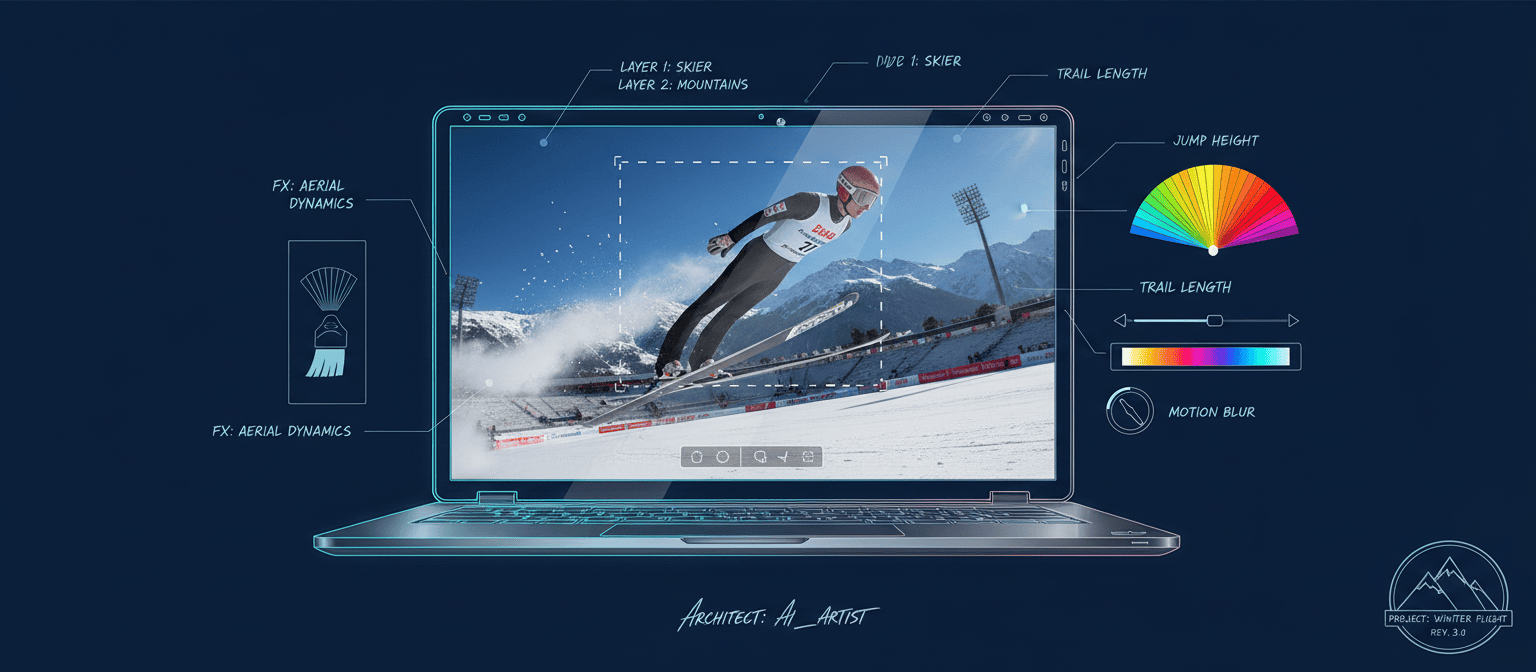 A laptop displays a ski jumper mid-air with digital editing tools and graphics overlaying the screen.