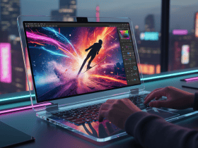 Person creating digital art of a silhouetted figure with vibrant colors on a transparent laptop in a city at night.