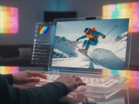 Person editing a ski photo on a transparent computer in a modern, colorful room with a plant on the desk.