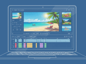 Illustration of a laptop displaying photo and video editing software with a tropical beach scene on screen.