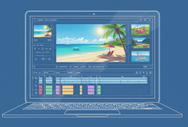 Illustration of a laptop displaying photo and video editing software with a tropical beach scene on screen.