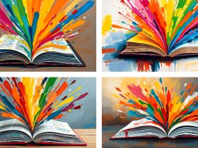 Four open books with colorful paint splashes bursting upward from the pages, set against different backgrounds.