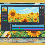 A laptop screen displays video editing software with a sunflower field image on a yellow background.