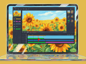 A laptop screen displays video editing software with a sunflower field image on a yellow background.