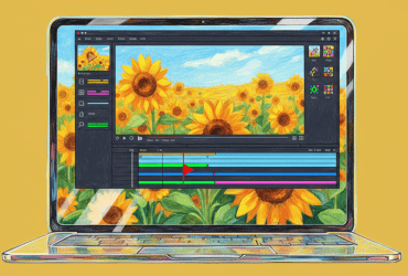 A laptop screen displays video editing software with a sunflower field image on a yellow background.