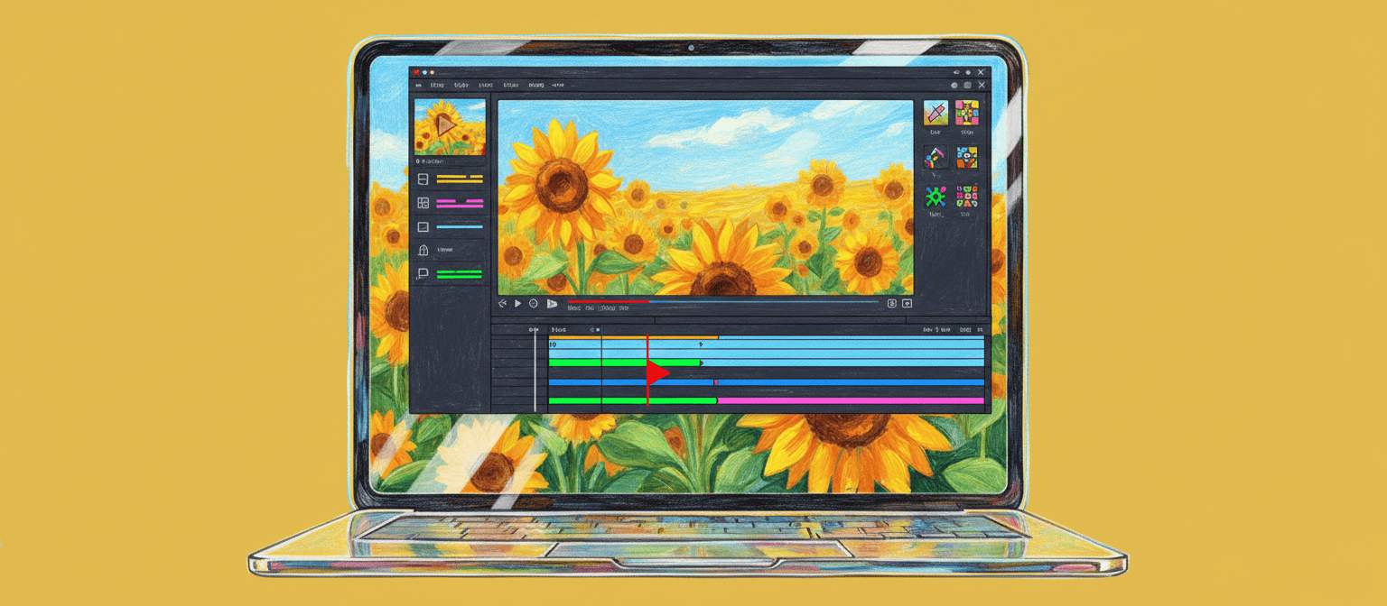 A laptop screen displays video editing software with a sunflower field image on a yellow background.