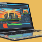A laptop displaying a video editing program with an image of Stonehenge on the screen against a yellow background.
