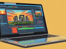 A laptop displaying a video editing program with an image of Stonehenge on the screen against a yellow background.