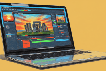 A laptop displaying a video editing program with an image of Stonehenge on the screen against a yellow background.