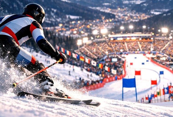 Skier racing downhill toward a brightly lit stadium with a large crowd and flags on a snowy mountain course.
