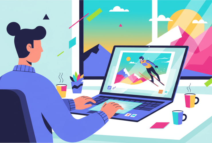 Person working on a laptop at a desk by a window with mountains and sunlight outside. Colorful, modern illustration.
