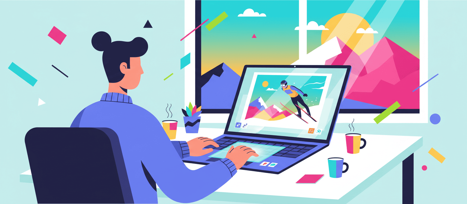 Person working on a laptop at a desk by a window with mountains and sunlight outside. Colorful, modern illustration.