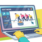 Illustration of hands editing a curling team photo on a laptop with image adjustment tools visible on the screen.