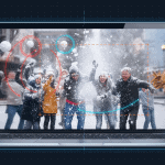 A laptop screen shows people in a snowball fight with digital editing notes for motion blur, focus, color, and snow effects.