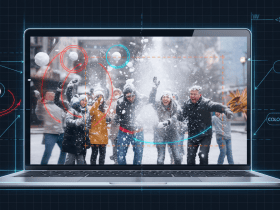 A laptop screen shows people in a snowball fight with digital editing notes for motion blur, focus, color, and snow effects.