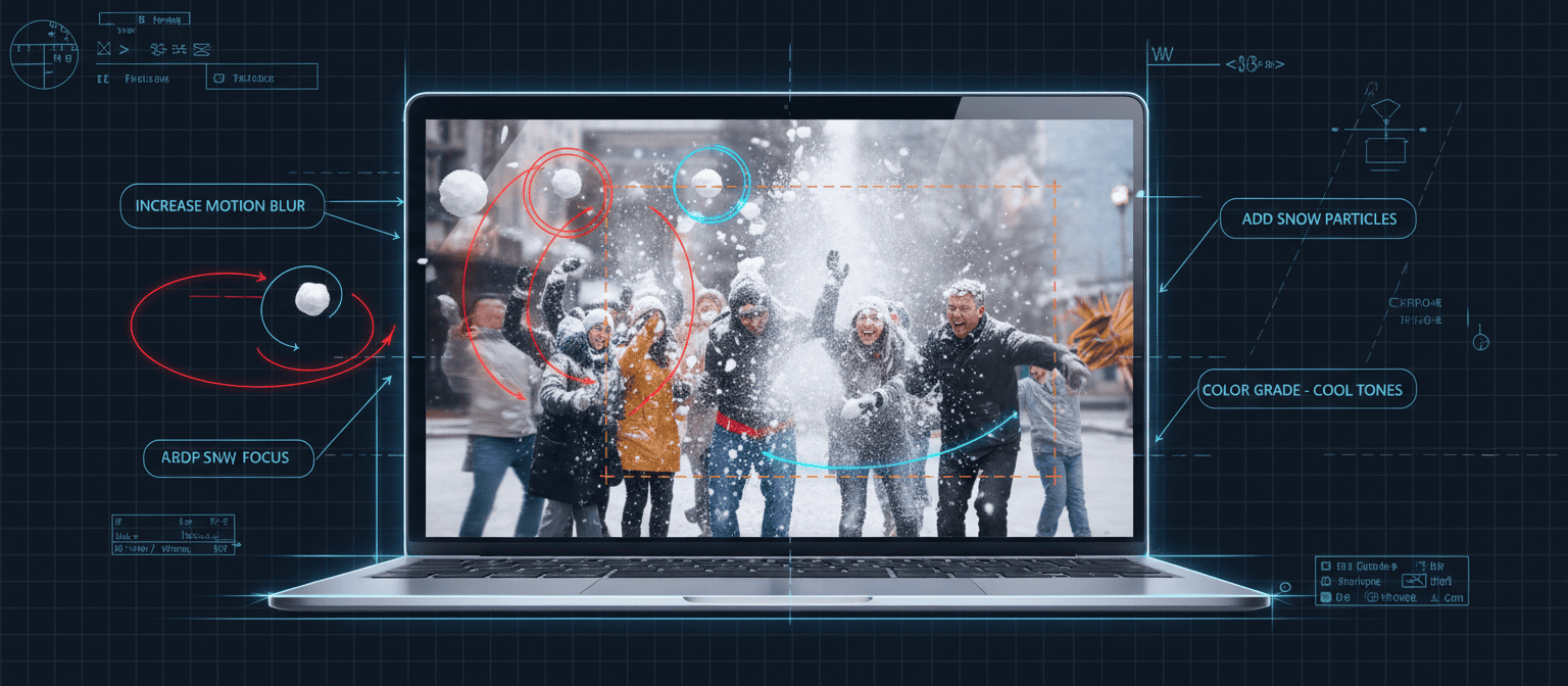 A laptop screen shows people in a snowball fight with digital editing notes for motion blur, focus, color, and snow effects.