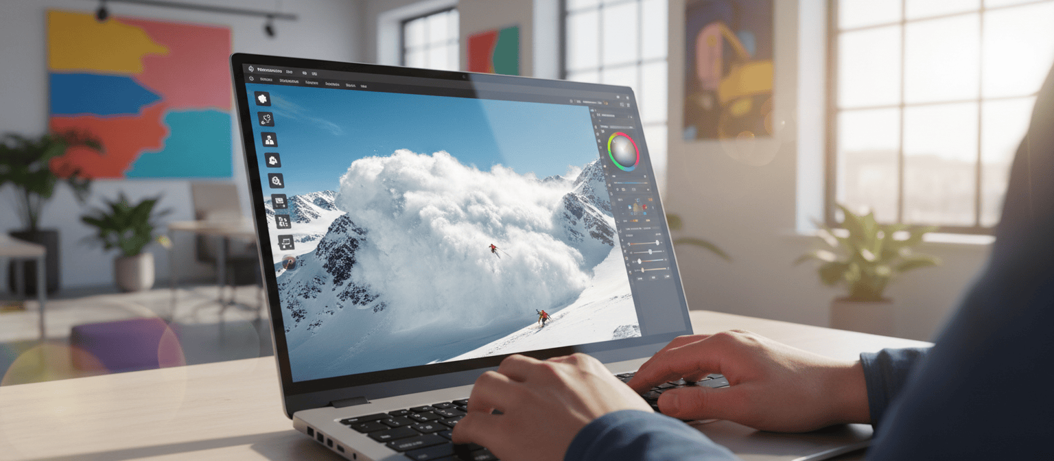 Person editing a photo of skiers on snowy mountains on a laptop in a brightly lit, modern room.