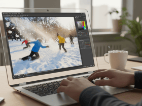 Person editing a photo of people playing in the snow on a laptop at a desk with a coffee mug and plants.