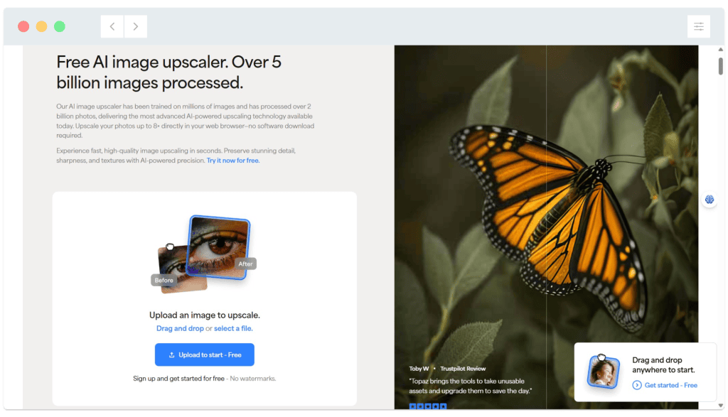 A website offers free AI image upscaling, showing a close-up of a butterfly and an upload button for images.