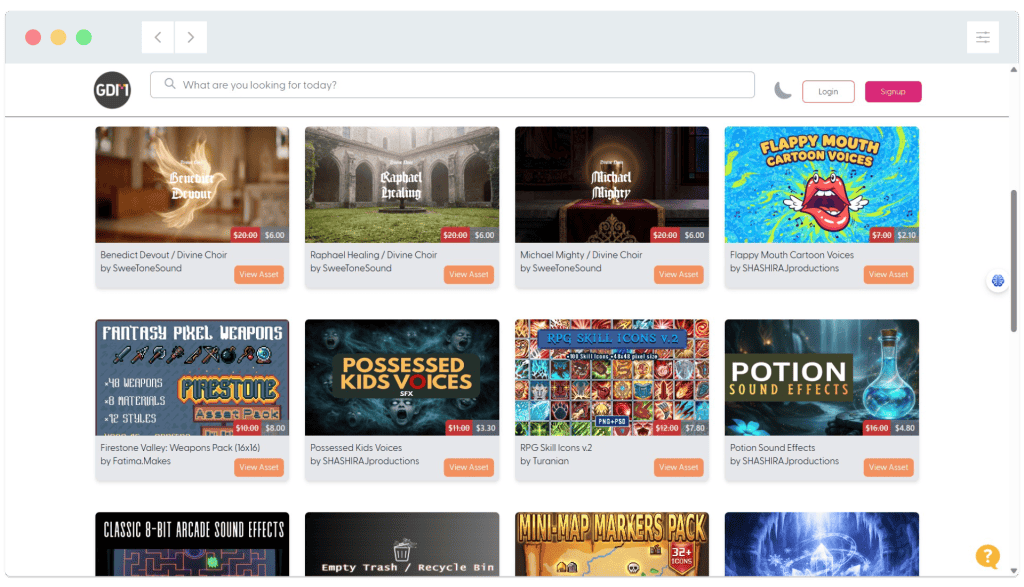 A website interface displays various sound and asset packs for sale, each with a title, image, and price shown.
