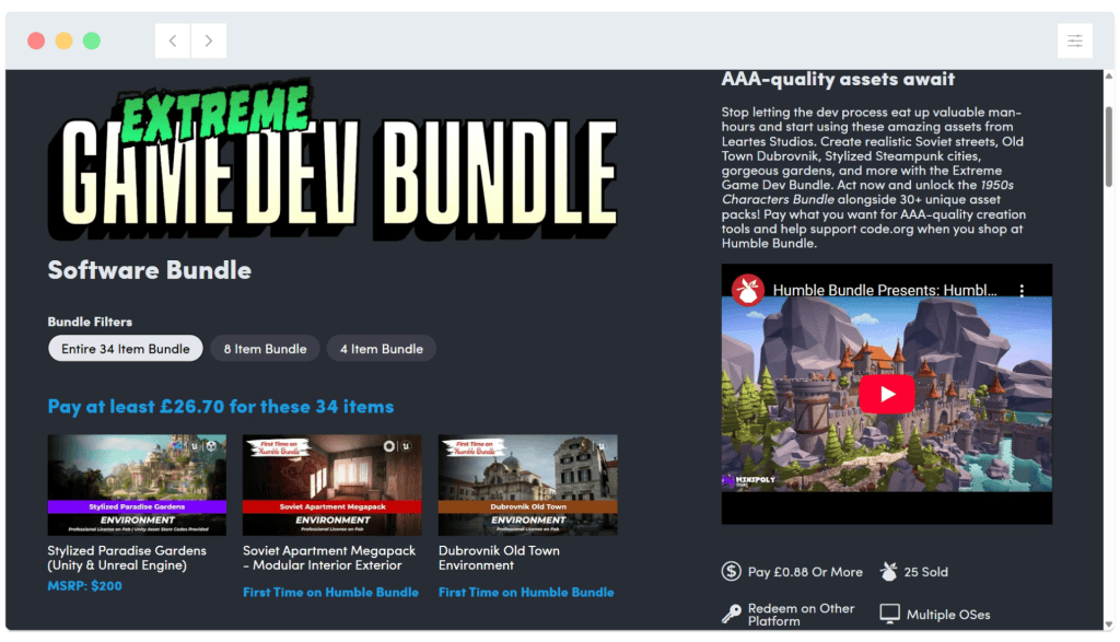 Screenshot of the Extreme Game Dev Bundle page on Humble Bundle, showing game assets and purchase options.