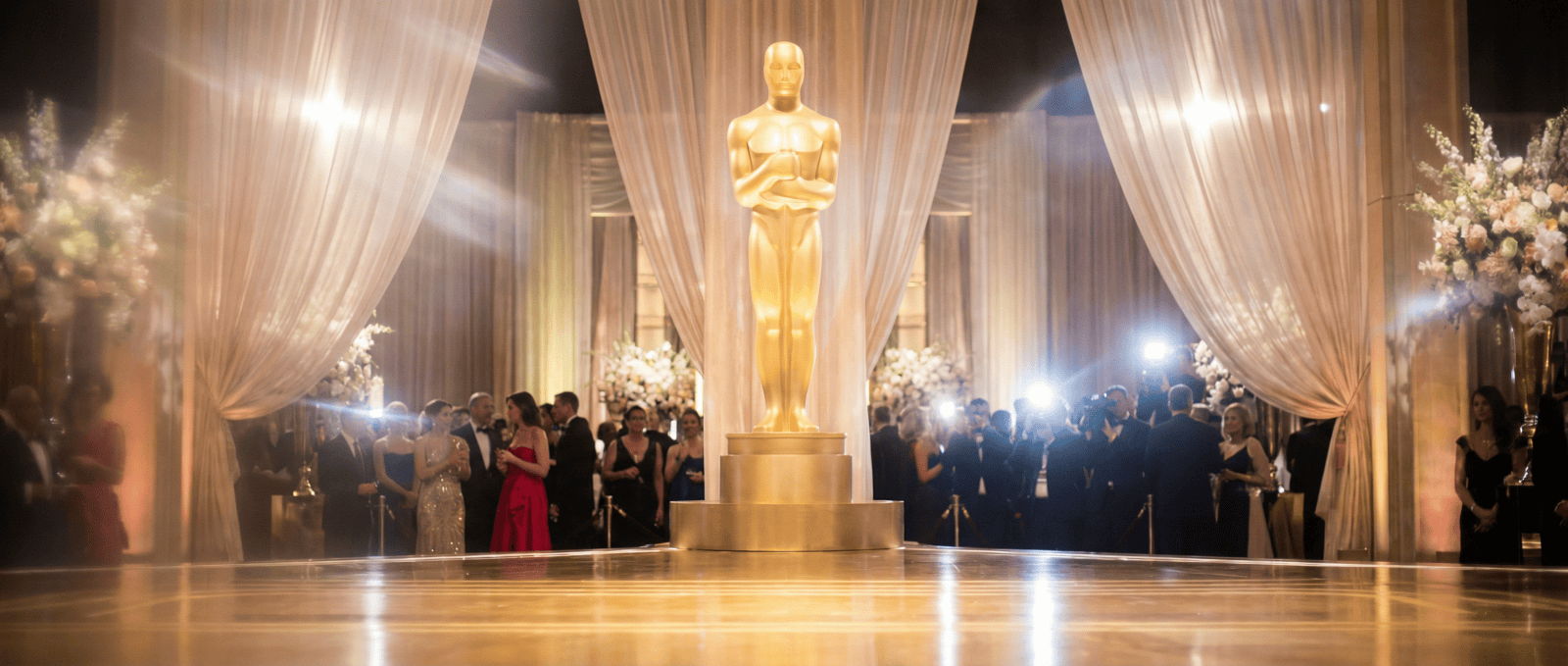 Large Oscar statue on stage, surrounded by elegantly dressed people and draped curtains at an awards event.