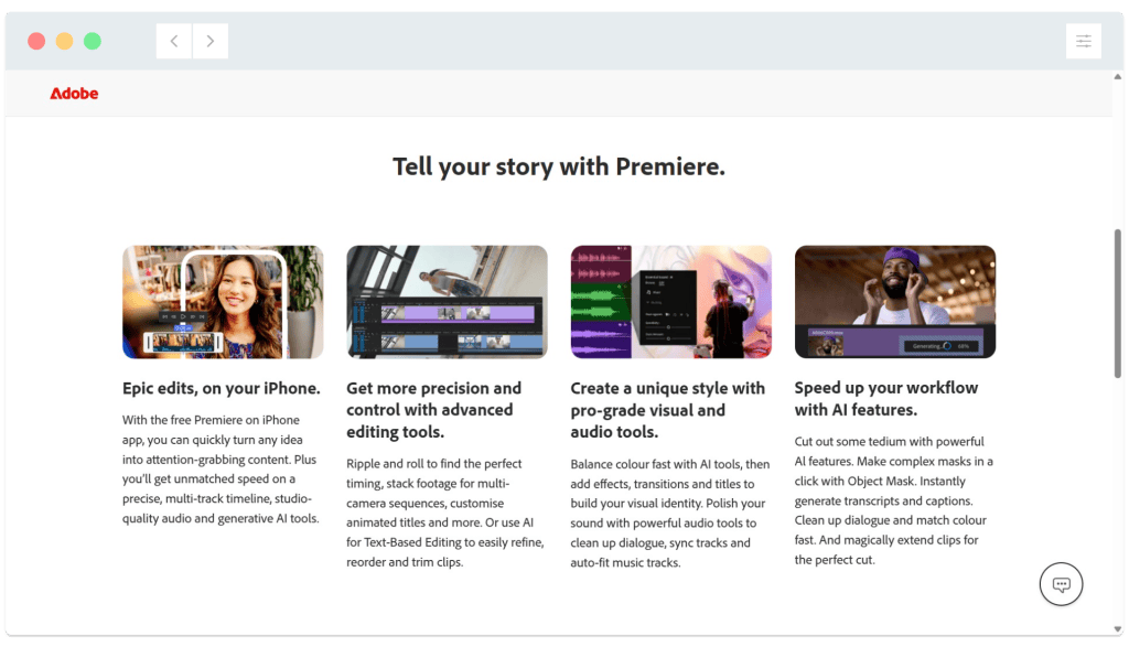 Adobe Premiere webpage highlighting features: mobile and advanced editing, pro-grade tools, and AI-enhanced workflow options.