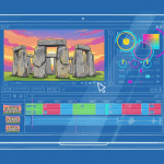 Illustration of a laptop displaying video editing software with a Stonehenge scene on the screen.