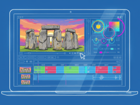 Illustration of a laptop displaying video editing software with a Stonehenge scene on the screen.