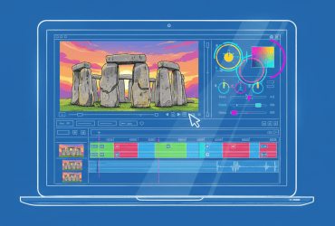 Illustration of a laptop displaying video editing software with a Stonehenge scene on the screen.
