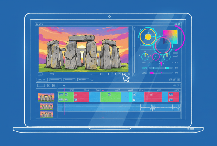 Illustration of a laptop displaying video editing software with a Stonehenge scene on the screen.