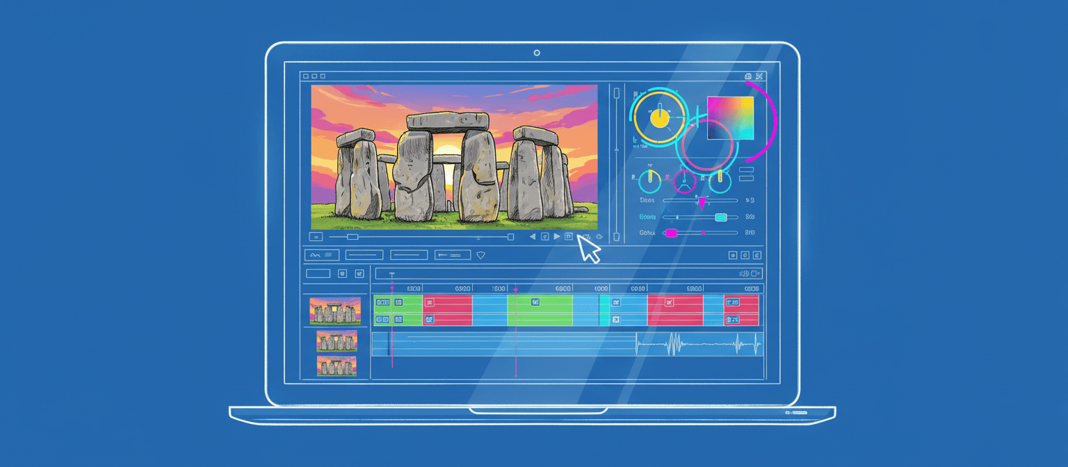 Illustration of a laptop displaying video editing software with a Stonehenge scene on the screen.
