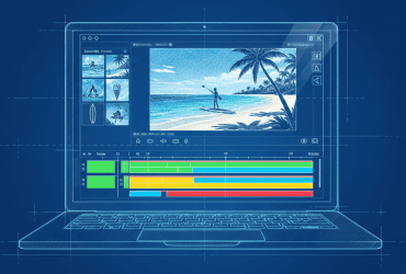 Illustration of a laptop displaying video editing software with a beach video and timeline tracks on the screen.