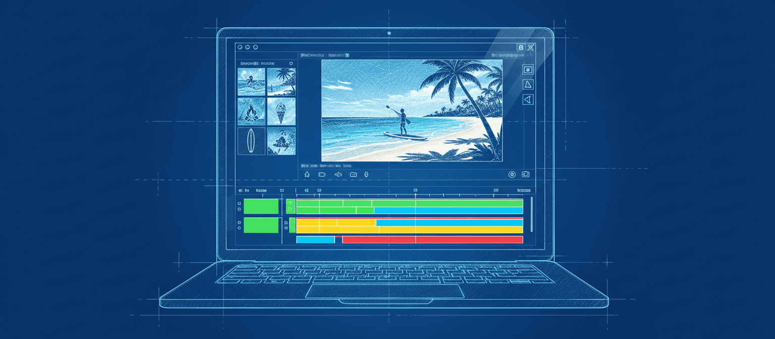 Illustration of a laptop displaying video editing software with a beach video and timeline tracks on the screen.
