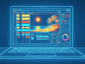 Neon outline of a laptop displaying graphic design software editing a tropical beach image with palm trees and a sunset.