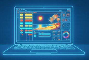 Neon outline of a laptop displaying graphic design software editing a tropical beach image with palm trees and a sunset.