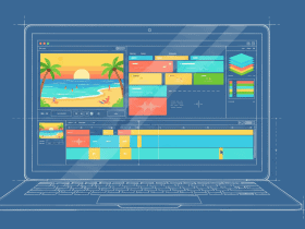 A laptop screen displays a video editing program with a beach scene and various editing tools and timelines.