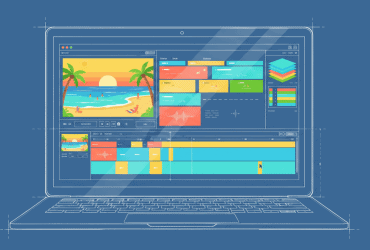 A laptop screen displays a video editing program with a beach scene and various editing tools and timelines.