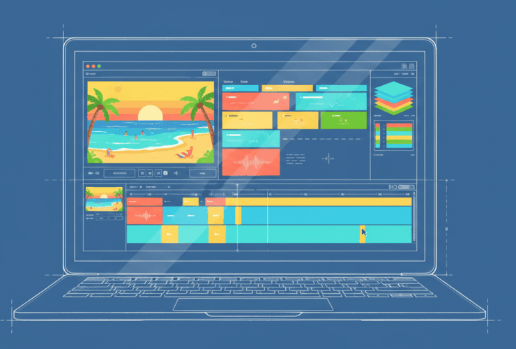 A laptop screen displays a video editing program with a beach scene and various editing tools and timelines.