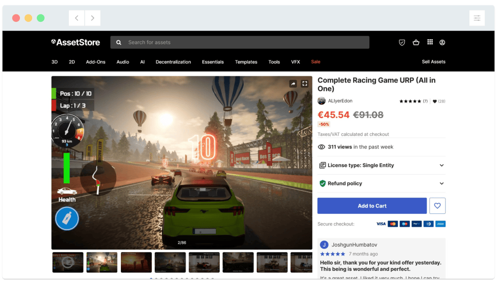 Screenshot of a racing game asset page on a digital store, showing a car race scene and pricing details.