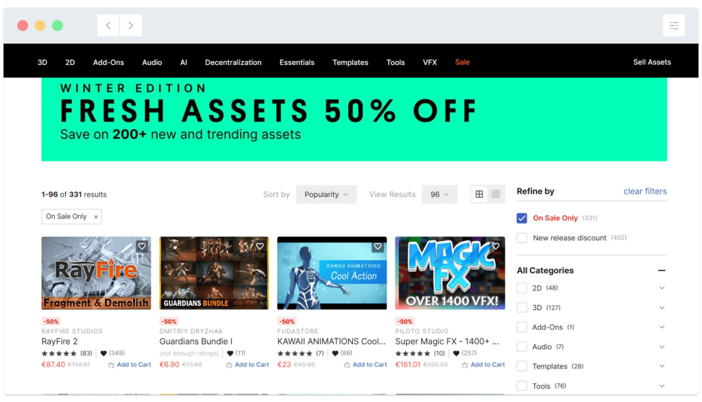 Screenshot of a website sale page displaying asset discounts and sorting, filter, and category options for digital assets.