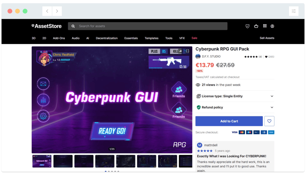 A digital store page displays the Cyberpunk RPG GUI Pack for sale with product images and user reviews.