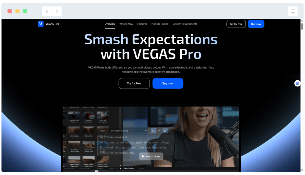 Screenshot of the VEGAS Pro website homepage with options to try or buy the video editing software.