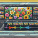 A laptop displays video editing software with colorful flowers and audio waveforms on the screen.