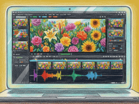 A laptop displays video editing software with colorful flowers and audio waveforms on the screen.