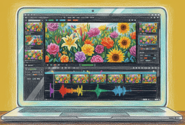 A laptop displays video editing software with colorful flowers and audio waveforms on the screen.