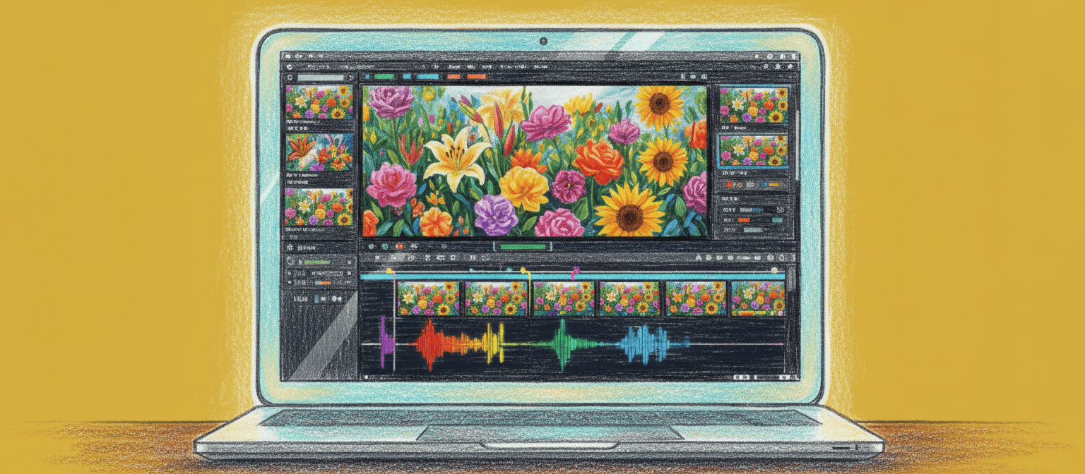 A laptop displays video editing software with colorful flowers and audio waveforms on the screen.